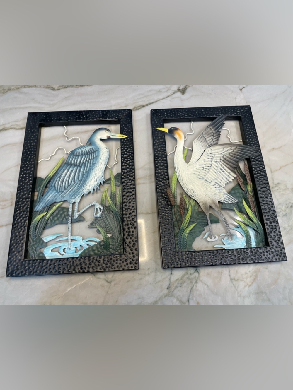 3D Colorful hammered Metal Wall Art  Heron Bird s & Cattail 14” x 8” 
Set of 2